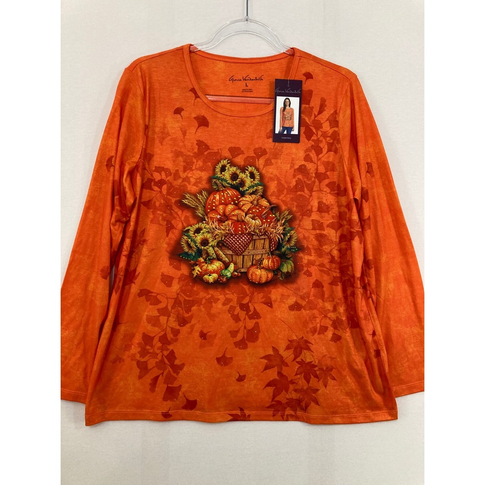 New‎ Gloria Vanderbilt Top Large Orange Pumpkin Sunflower Fall Thanksgiving